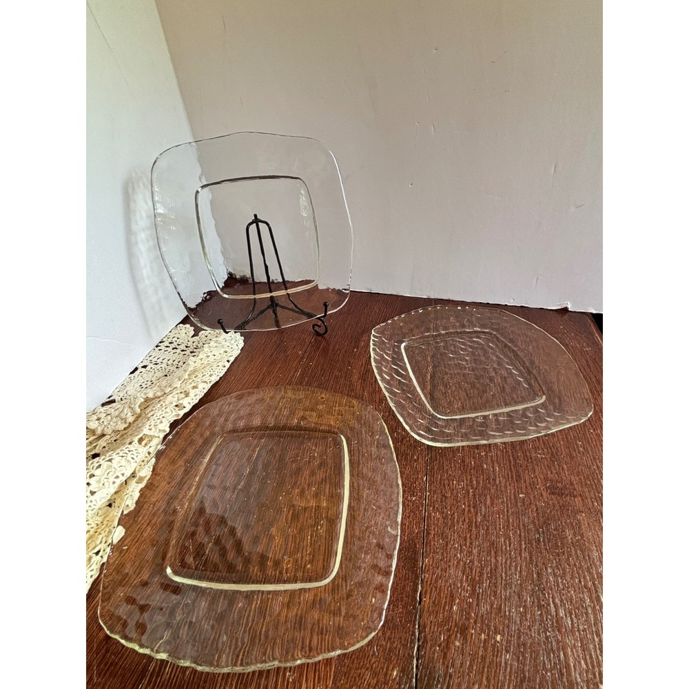 Set of 3 Square‎ Hammered Clear Glass Salad Dessert Plates Wavy Edge 8.25 inch